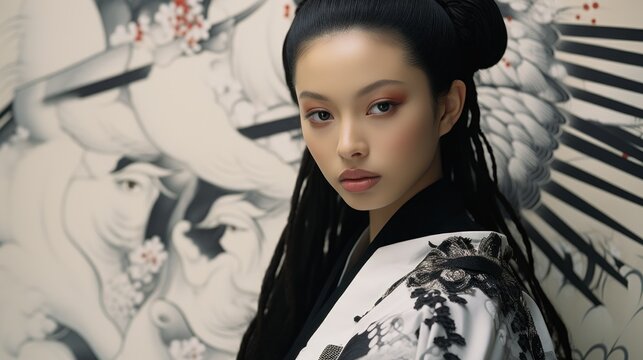 Fashion asian traditional woman girl female model with light makeup and kimono, looking fierce charming and powerful, reworked and enhanced ai generative photography of a not real person.