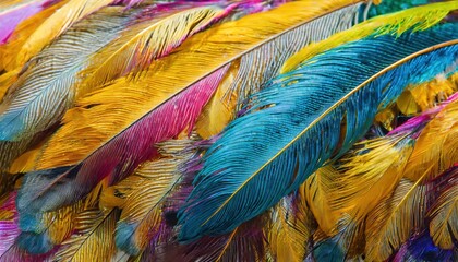 Abstract Vibrant Exotic bird Feathers: A Shiny carnival Bohemian Style Banner Background - Generative AI - obrazy, fototapety, plakaty