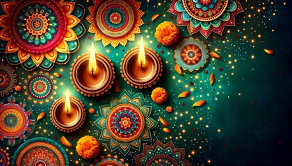 Background representing the Diwali festival Glowing diyas or clay lamps cast a warm golden hue - obrazy, fototapety, plakaty
