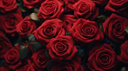 Fototapeta premium Romantic Valentine background with red rose flowers, beautiful grid and blurred effect, and copy space