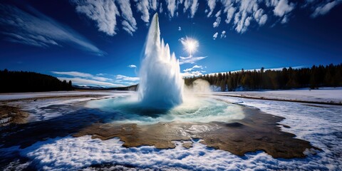 Spectacular geyser eruption unleashing nature power amidst the breathtaking landscapes of a national park , concept of Magical geothermal phenomenon - obrazy, fototapety, plakaty