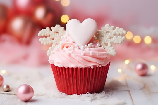 Pink Christmas cupcake with angel wings and a heart in the middle