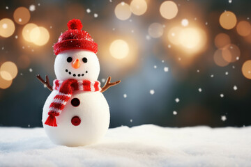 Merry Christmas and Happy New Year greeting card. Happy snowman standing in background of beautiful snowy forest