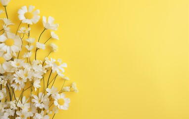 White chamomile flowers on yellow background. Flat lay, top view