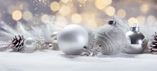 Festive christmas ornaments advent celebration holiday banner greeting card - Silver gold christmas baubles balls, pine cones and branch on snow table, with sky and snowflakes in background