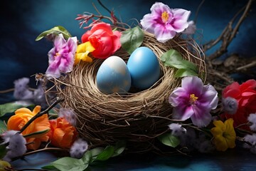 Fototapeta na wymiar Nest with colorful decorated egg and blooming flowers. Generative AI