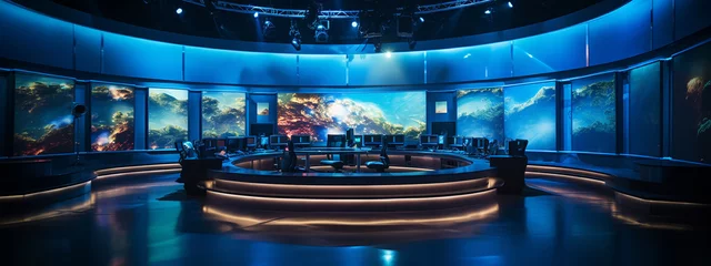 Foto op Plexiglas Studio interior for news broadcasting, empty placement with anchorman table on pedestal, digital screens for video presentation © alexkich