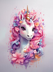 Cute colorful baby unicorn head with fantasy flower splashes, modern design with watercolor effect isolated on light violet background
