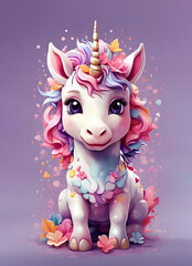 Cute colorful baby unicorn with fantasy flower splashes, modern design with watercolor effect isolated on violet background