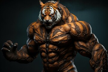 Fototapeta na wymiar Determined Bodybuilding tiger. Mascot muscle gym. Generate Ai
