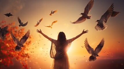  a woman is surrounded by birds flying in the air at sunset.  generative ai
