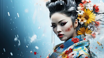 sztuka komputerowa przedstawiająca obraz kobiety w stylu japonskim kolorowym - obrazy, fototapety, plakaty