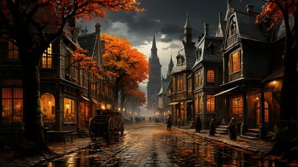 Trick or Treaters on a Cobblestone Street - Halloween