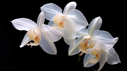  three white orchids with yellow centers on a black background.  generative ai