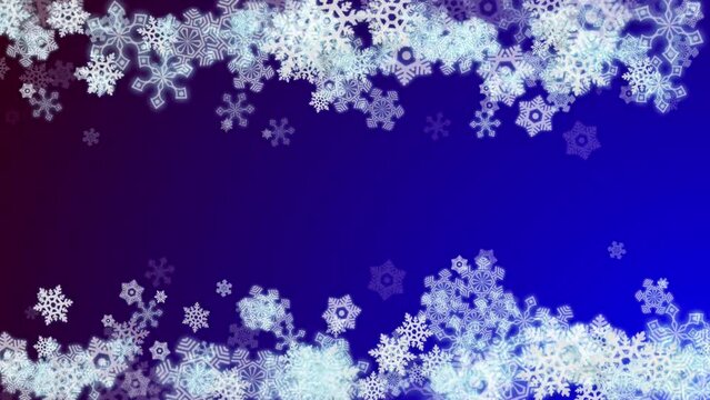 Snowflake border on royal blue with central copy space. Festive winter/ holidays background.