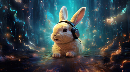 Close Up View Of Bunny Listening Music With Headphones. Cute Rabbit Laughing And Loving Melody, Tunes And Beats. Funny Concept For Communication For Music Lover. Generative AI