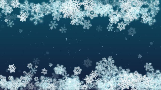 Snowflake border on dark blue with central copy space. Festive winter/ holidays background.