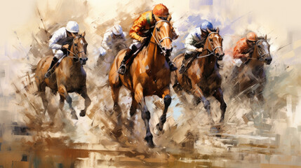 Dynamic Brushstrokes: Horses on the Track in the Style of Action Painting, Capturing the Energetic Essence of Equine Motion with Bold and Expressive Artistic Flourishes