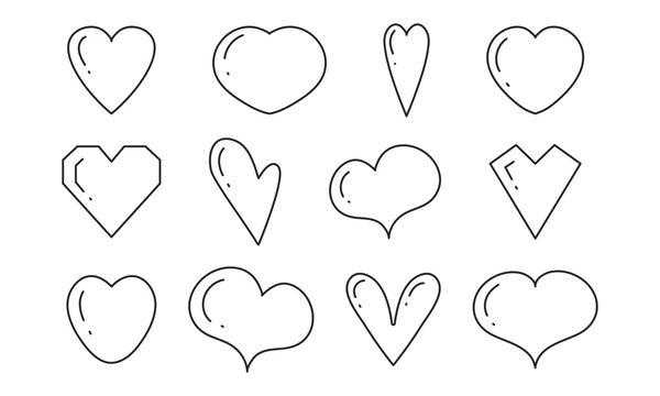 Set of various hearts in outline style with black contour on white background for icons, webs, posters, stickers, patterns, fabrics