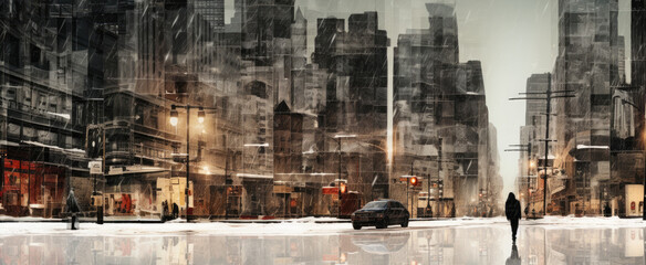 Street Scene with Glitches, Evoking Snowy Serenity and Photography Aesthetics, Enhanced with Detailed Crowd Scenes in a Palette of Dark Brown and White