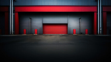 Closed gray red roller shutters, closed storage area or garage, warehouse space