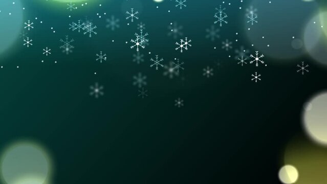 Snowflakes and bokeh edges with copy space on teal. Festive winter/ holidays background.