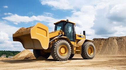 Sand quarry, excavating equipment, bulldozer