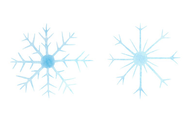 A set of snowflakes isolated on a white background, hand-drawn. Winter elements for the holiday, design and decoration. Light blue, watercolor snowflakes.