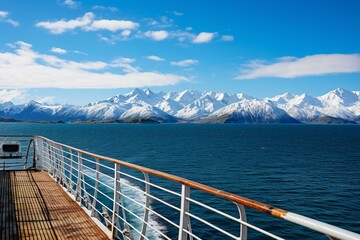 Scenic landscape of rocky islands, snow-capped mountains, and blue sky viewed from a ship deck. Generative AI