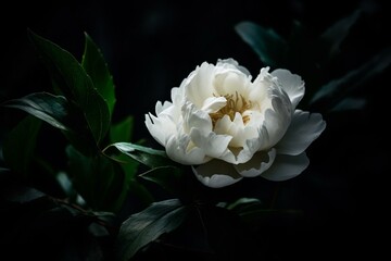 An image of a big white flower with green leaves on a dark backdrop. Generative AI