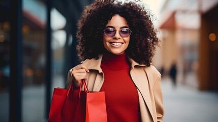 Une femme heureuse, sortant d'un magasin après un achat. Dans ses mains, un sac de shopping.  - obrazy, fototapety, plakaty