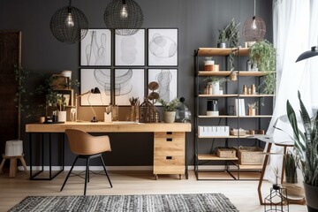 Decorative home office with a stylish workplace ambiance. Generative AI