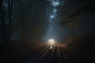 a nighttime drive through a misty country woodland. Generative AI