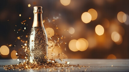 Bottle of champagne on gold glitter background with bokeh and falling glitter. New year eve, Christmas party banner template with copy space for text - obrazy, fototapety, plakaty
