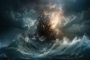 Powerful monster in a raging ocean tempest with thunder and lightning. Generative AI - obrazy, fototapety, plakaty