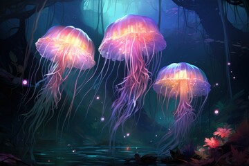 Luminescent jellyfish guardians, illuminating the depths of the ocean with their glow - Generative AI
