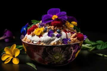 Sundae with colorful toppings, surrounded by flowers and leaves, on a black surface with a purple background. Generative AI