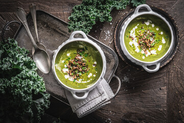 Kale Soup with Fried Onions and Soy Cream