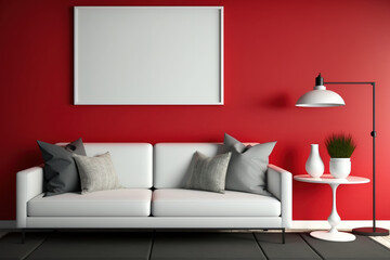 Interior of living room with white leather couch, carpet, floor lamp, and coffee table on hardwood flooring. Blank horizontal poster on red wall. illustration. Generative AI
