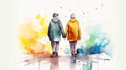 Gay and Lesbian Couple Family Queer Art - LGBT Inclusive Diverse Love Illustration of People Kiss and Hug in Romantic Cute Watercolor Drawing Children Book Digital Painting Full of Pride and Equality