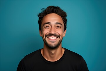 Close-Up Portrait of a Handsome Male Model Smiling. Isoalated on a plain colored background. Generative AI.