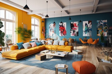Modern living room interior. Coliving or hostel space. - obrazy, fototapety, plakaty