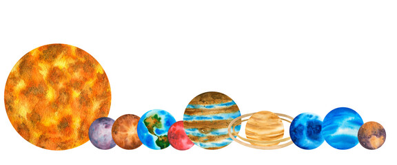 Planets of the solar system. Border. Illustration on background of outer space with stars. Planetarium clip art © Irina