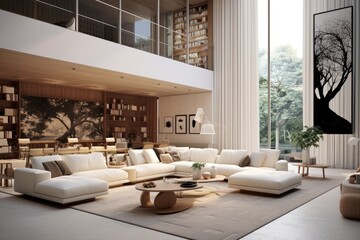 Double high space modern living room interior  with sofa.