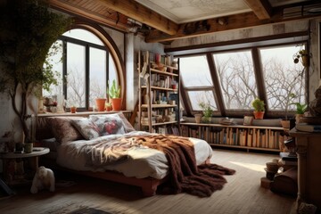interior of a hotel room in eco loft eclectic style