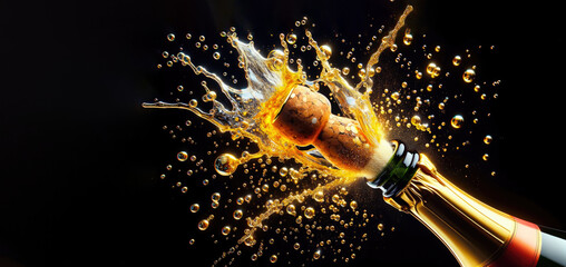 Champagne cork flying from bottle with splash,droplet and sparkle against a black background. Festive concept.