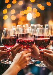 Glasses with red wine in hands of people, ready to toast and cheers with friends. Closeup moment of connection and enjoyment during a celebration.