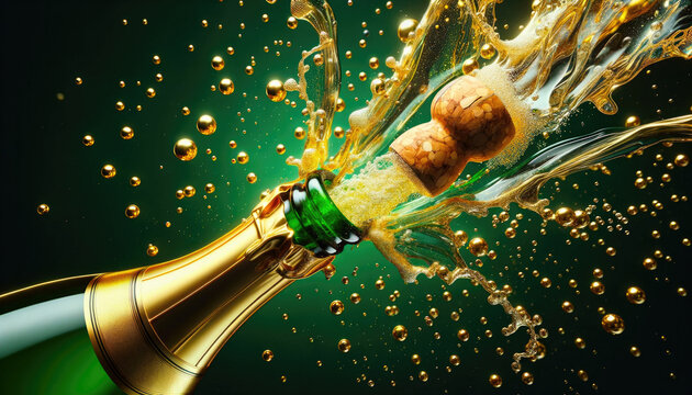  Champagne cork flying from bottle with splash,droplet and sparkle against a green background. Festive concept.