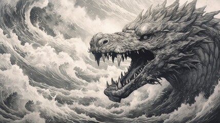 Terrible sea giant serpent during a storm. A sea dragon or monstrous serpent in a raging sea. Mythical creature. Illustration for cover, card, postcard, interior design, poster, brochure, etc. - obrazy, fototapety, plakaty
