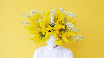 A man with a mask in the form of a vase of flowers stands against a yellow wall. Romantic subject. Lush bouquet with bunches of yellow and white flowers. Illustration for interior design, postcard. - obrazy, fototapety, plakaty